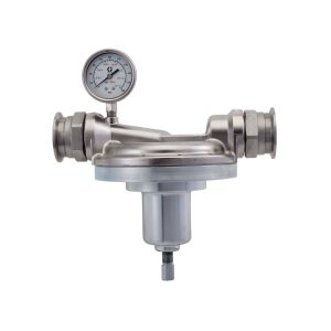 Korozyona Dayanıklı Akışkan Geri Basınç Regülatörü, 300 Maks psi, SST, Asetal & PTFE Islak Parçalar, 1-1/4 (f) x 1-1/4 (f), Göstergeli