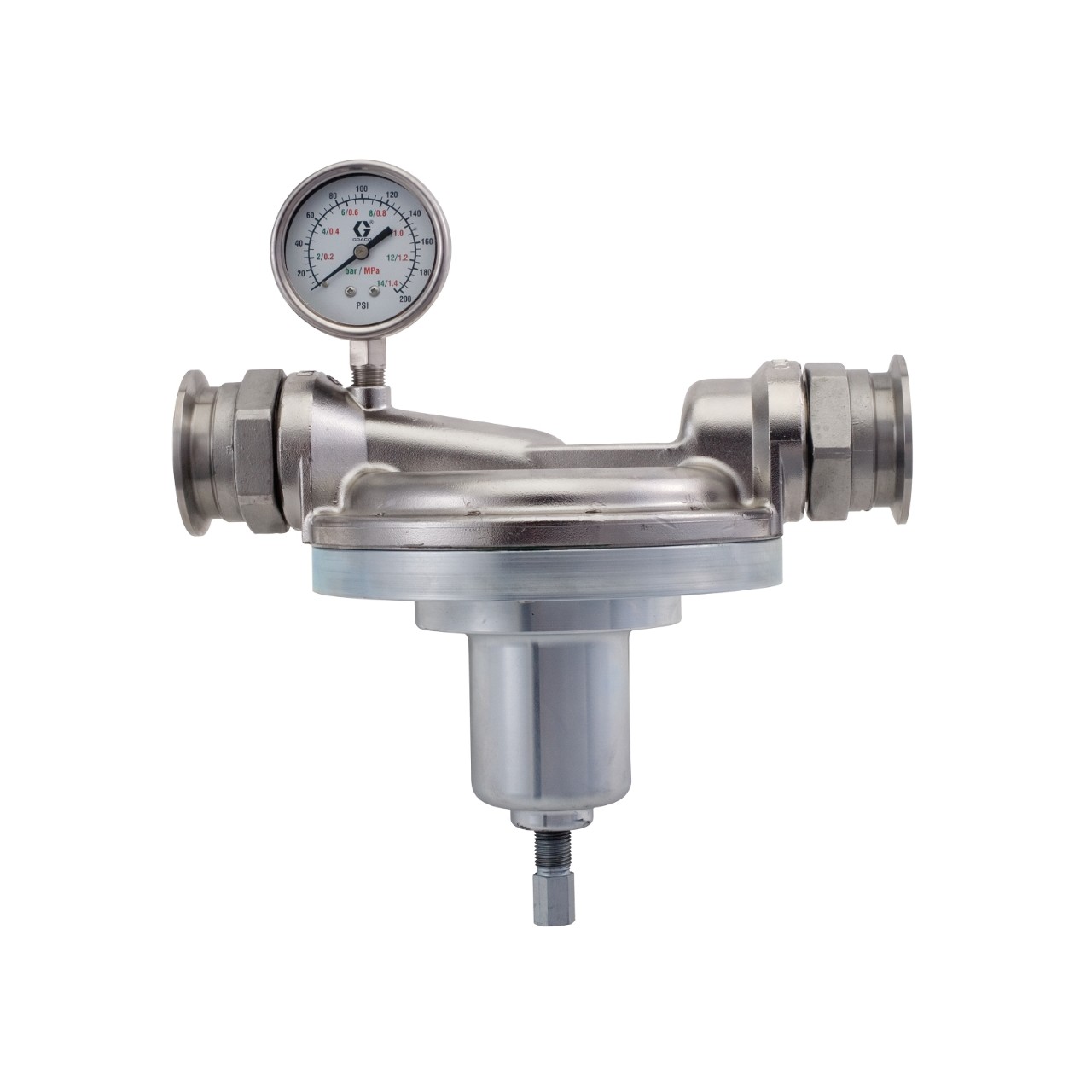 Korozyona Dayanıklı Akışkan Geri Basınç Regülatörü, 300 Maks psi, SST, Asetal & PTFE Islak Parçalar, 1-1/4 (f) x 1-1/4 (f), Göstergeli 1 Graco Korozyona Dayanıklı Akışkan Geri Basınç Regülatörü